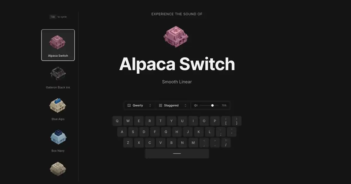 Interactive mechanical keyboard sound demo showing various switch types and keyboard layouts.