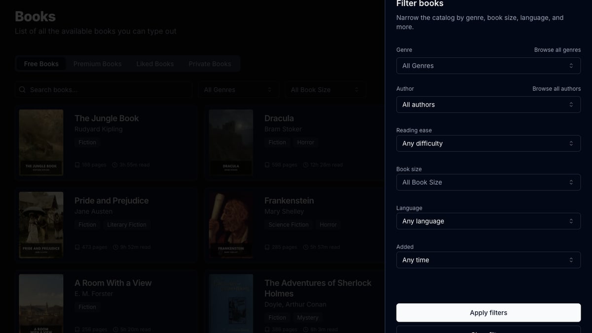 Liked books tab and catalog filters screenshot