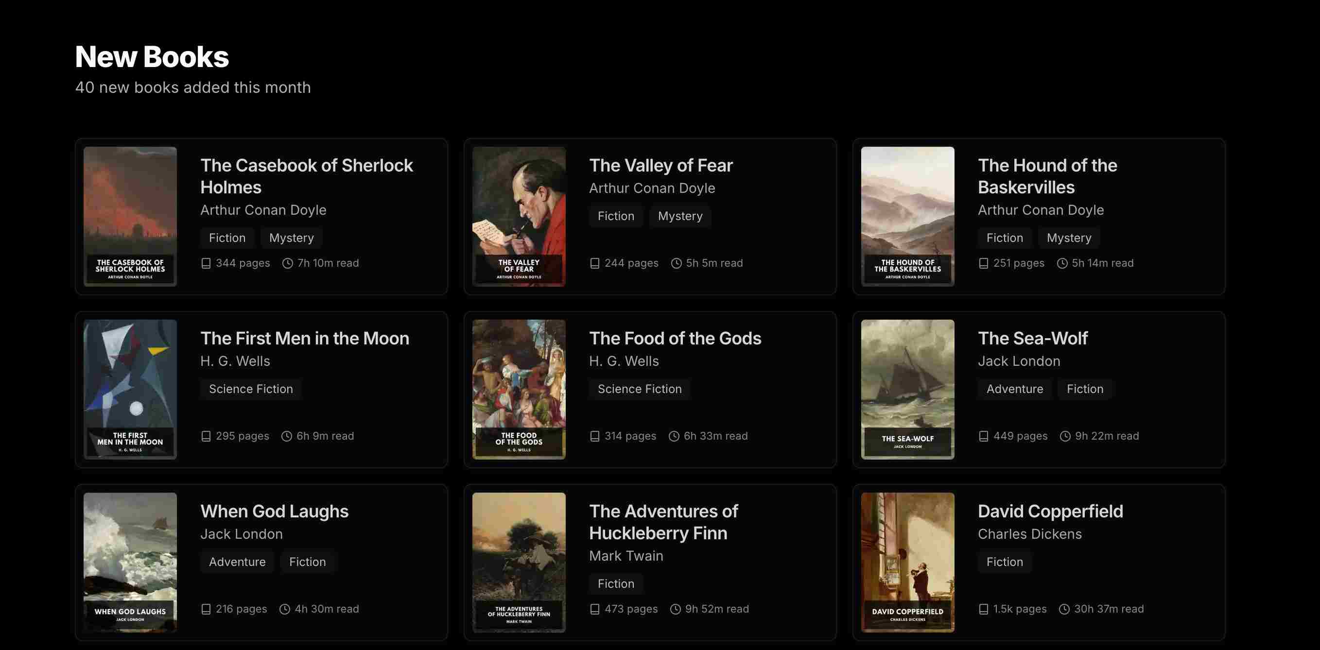 Grid of book covers showcasing 9 classic novels with their titles, authors, genres, page counts, and estimated reading times.