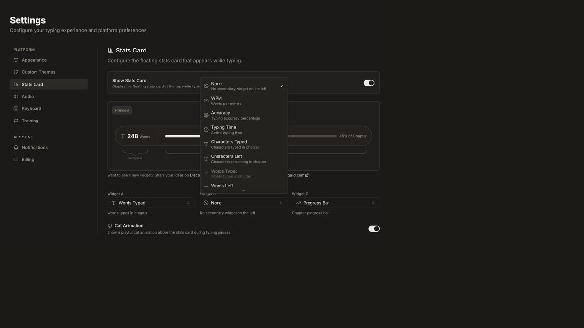 Stats card settings with Words Typed selected and Words Left in the widget list