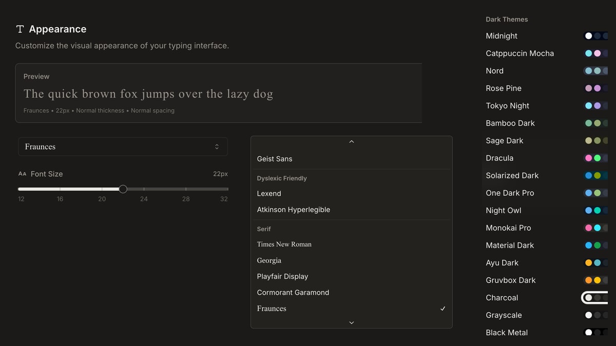 Settings appearance with Fraunces, the font list, and the dark theme palette